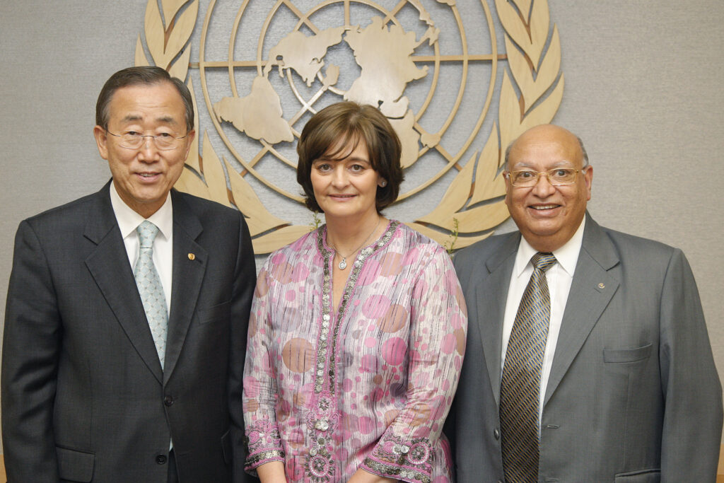 UN Secretary-General Ban Ki-Moon, Cherie Blair and Raj Loomba at the United Nations in New York, 2010